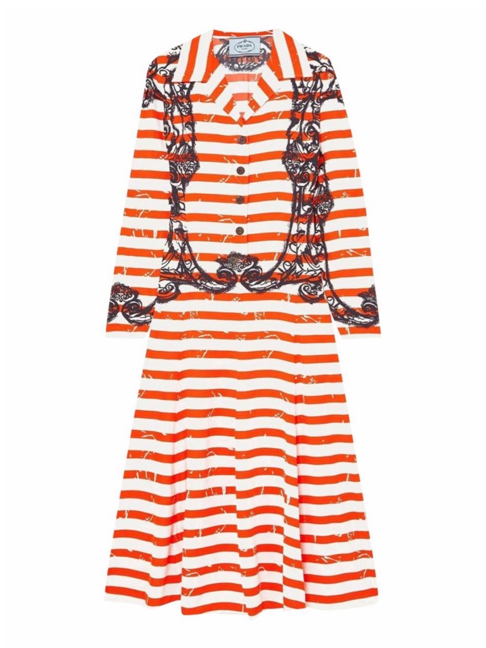 Prada Orange and White Striped Long-Sleeve Midi Dress with Black Baroque Print